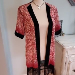 Anthropologie Fringed Burnout Sheer Velvet Trim Kimono